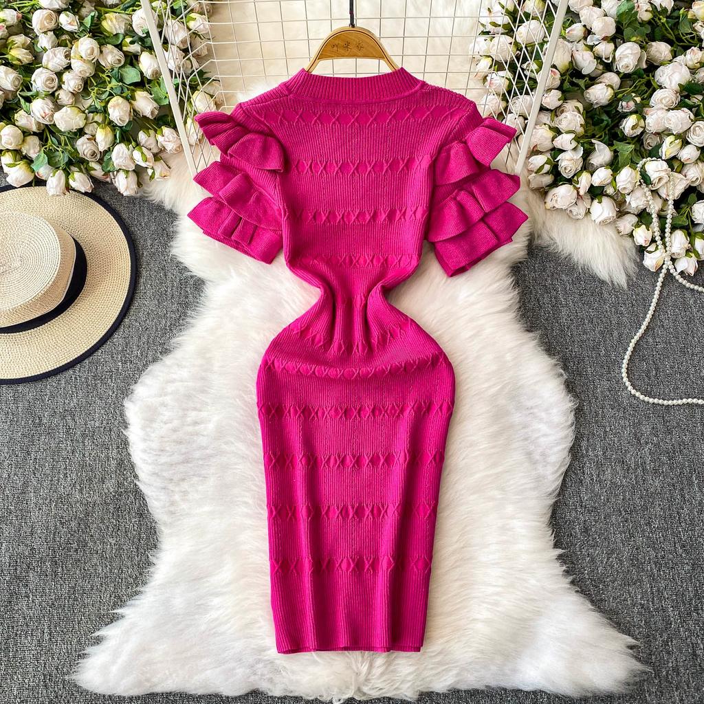 Summer Women Elegant Ruffle Metal Button Office Work Knitted Sheath Sweater Mini Dresses