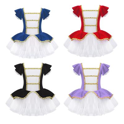 Mädchen Tanz-Jumpsuit Kurzarm Eckiger Ausschnitt Paillettenbesetzter Mesh-Saum Patchwork-Design Gymnastik-Aufführungskleidung