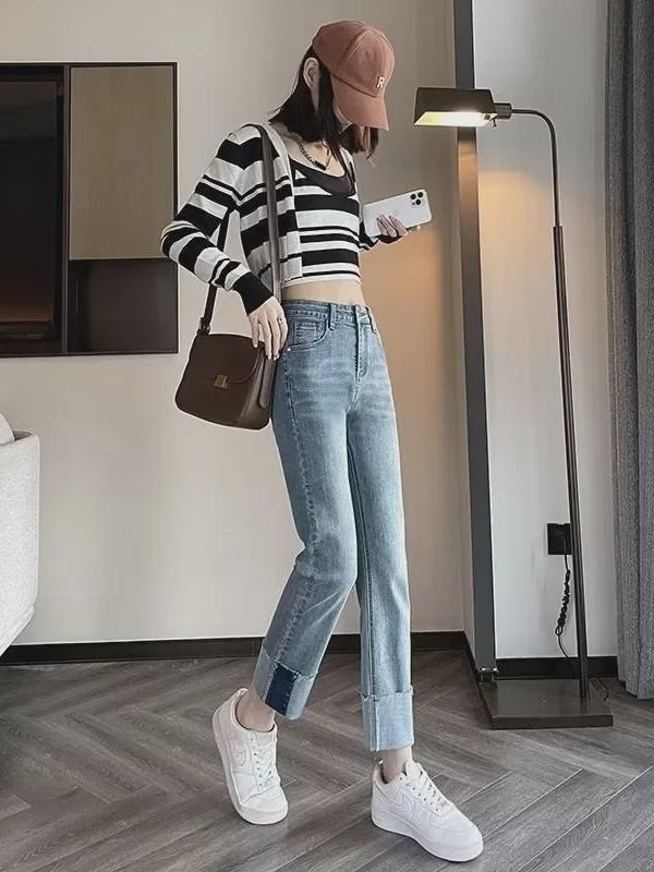 Women's Spring/Autumn 2023 Cigarette Jeans: High-Waist, Slim Loose Fit, Wide-Leg, Straight Pants.