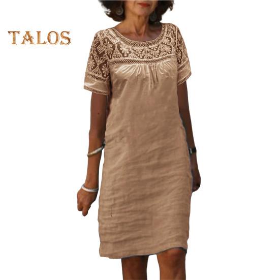 

Женские летние пляжные короткие платья с коротким рукавом и круглым вырезом, кружевное мини-платье, повседневный свободный хлопковый льняной сарафан M хаки