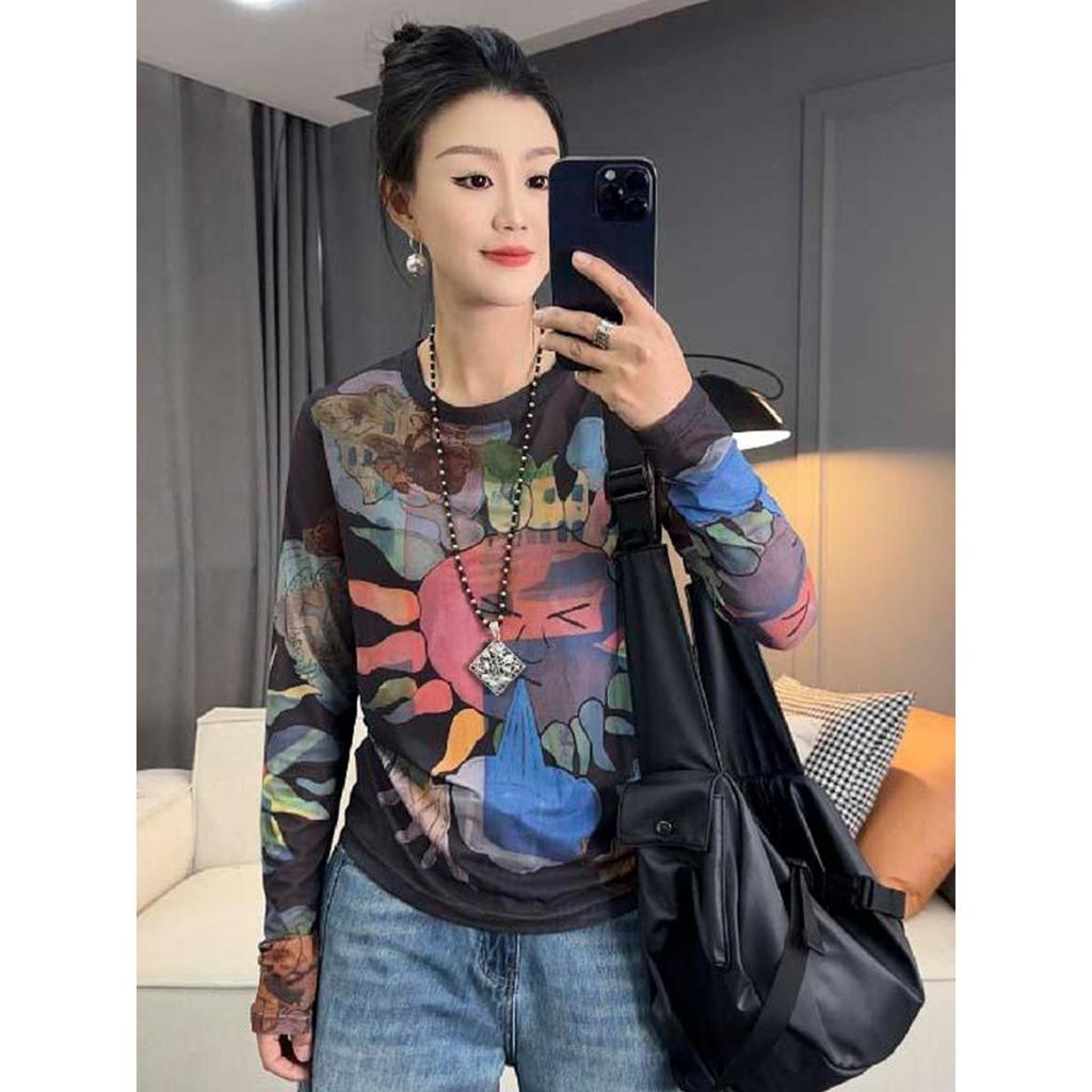 2025 Summer European-Style Women's Mesh Sun Protection Graffiti Print Casual T-Shirt