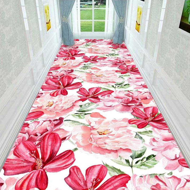 Red Floral Corridor Rug Hallway Carpets 3D Living Room Carpet Long Flower Bedroom Room Mats Kitchen Rug Bathroom Mat Anti-Skid