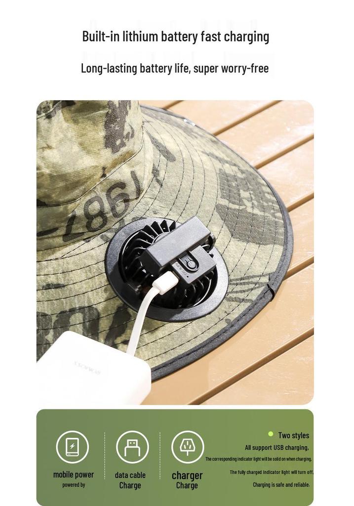 Solar-Powered Wide Brim Fisherman Hat with Fan for Sun Protection, Rechargeable and Portable for Outdoor Travel