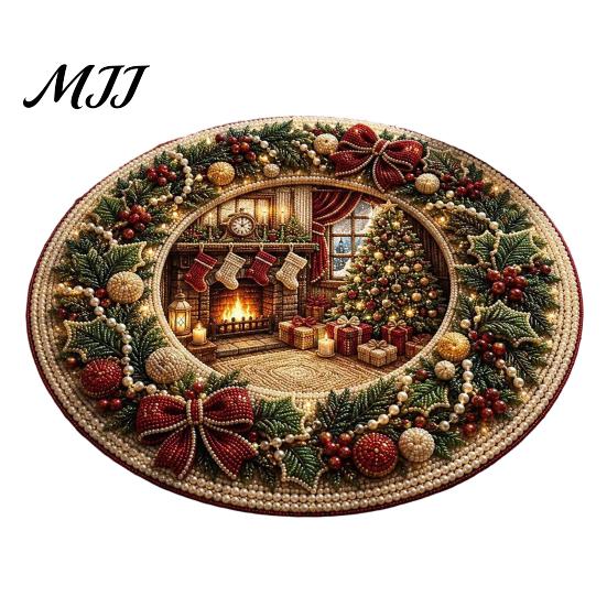 Festive Round Mat for Christmas 3D Rug, Optical Illusion Area Santa Gnome Floor Holiday Decor Pattern, Non-slip Living Room Entryway Porch Durable Rug