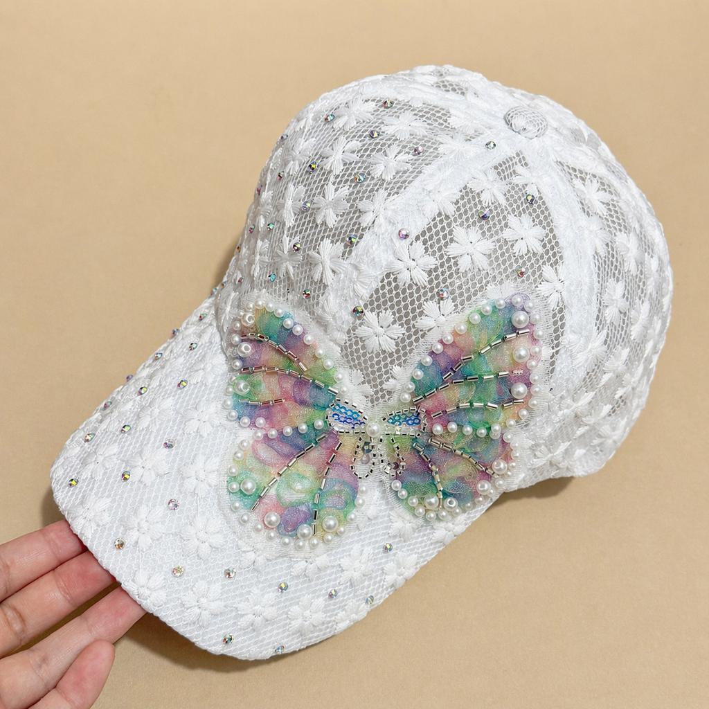 Sommer Spitzenblumen Baseballkappen für Damen Schmetterling Strass Atmungsaktives Netz Snapback Hut Hip Hop Hut Mode Sonnenhut Gorras