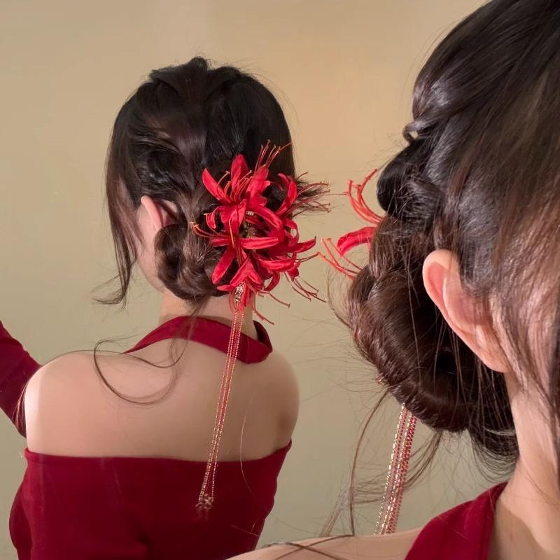 Red Shore Flower Hair Clip New Tassel Design Chinese Ancient Style Elegant Duckbill Clip Women's Side Bangs Clip Hair Accessory