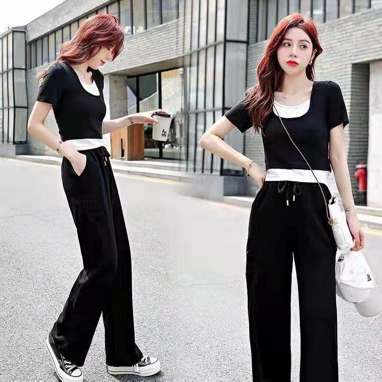 Spring/Summer T-shirt & Slim Waist-Cinch Pants Set - Tummy-Covering, Age-Reducing, Fashionable Two-Piece Sportswear