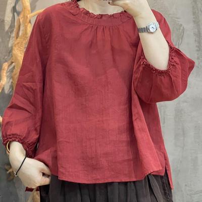 Linen Cotton Blend with Lace Collar Loose Fit 7/8 Pure Color Casual Top for Women Commute Faion