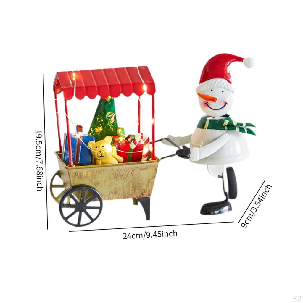 Desktop Ornament Xmas Snowman Pushing The Cart Figurine Cute with Decorative Light for DIY Christmas