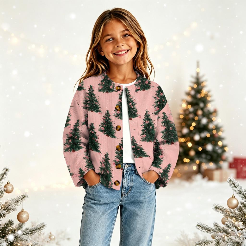 Modischer Cardigan mit Knöpfen und Weihnachtsdruck für Mädchen, für Feiertagsoutfits und den täglichen Gebrauch