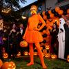 Halloween Party Jumpsuits Orange Full Bodysuit, with Tulle Skirt, Fake Belly, Yellow Mustache & Eyebrows, Cosplay Outfit Open Face Zentai Suit,