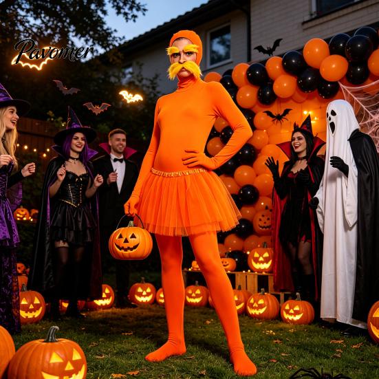 Halloween Party Jumpsuits Orange Full Bodysuit, with Tulle Skirt, Fake Belly, Yellow Mustache & Eyebrows, Cosplay Outfit Open Face Zentai Suit,