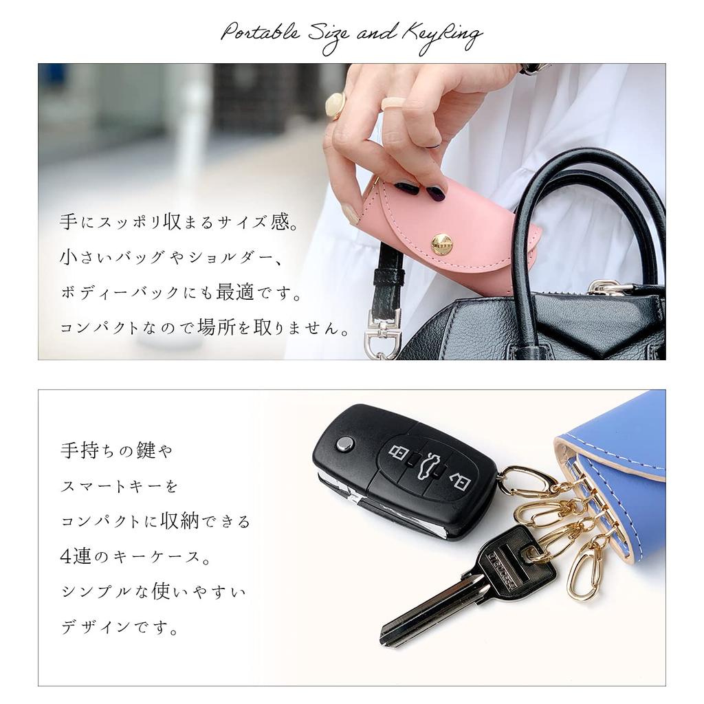 Women's 4-Ring Genuine Leather Smart Key Case, Tri-Fold, Leather, Cowhide Leather, Slim, Compact, Mini Key Holder, 4-Ring Key Hook, Pastel Colors,