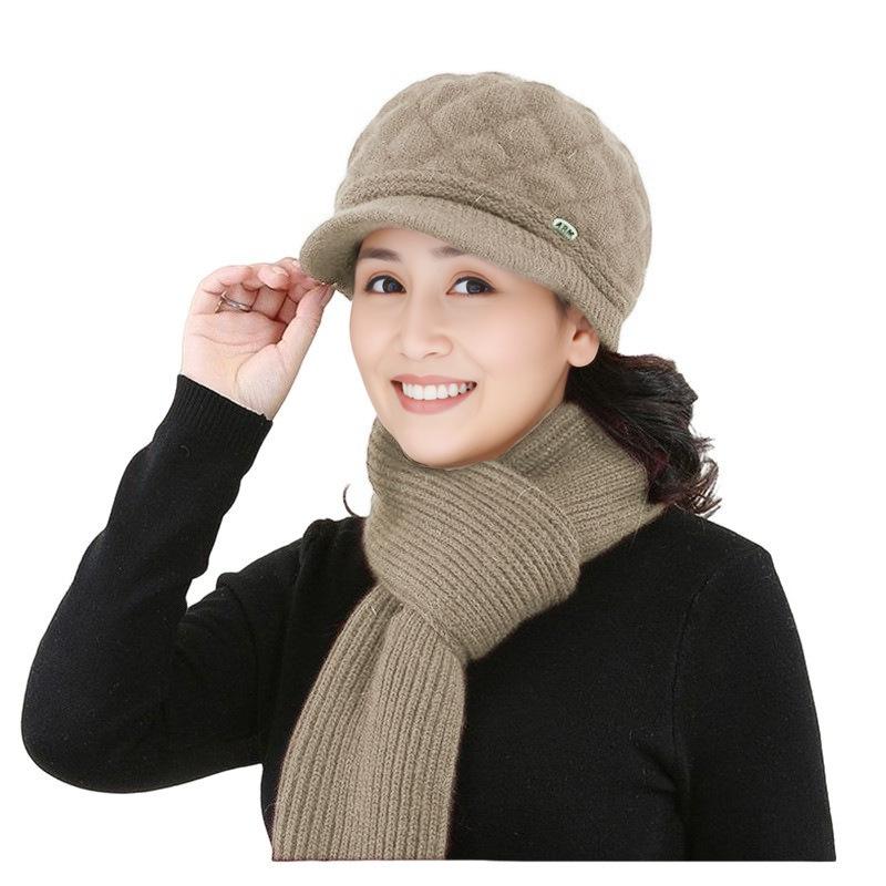 Women's Winter Warm Knitted Beret & Scarf Set - Velvet-Lined for Middle-Aged & Elderly