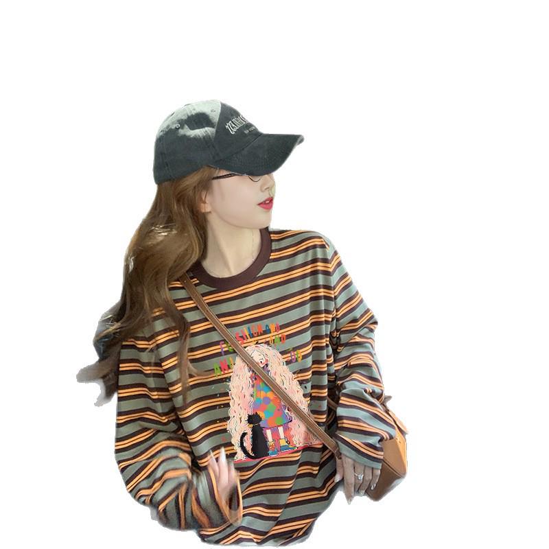Korean Style Color Block Striped Long Sleeve T-Shirt - Spring & Autumn Trendy Graffiti Loose Fit for Women