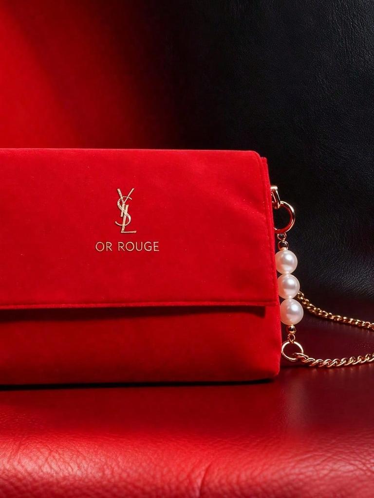 YSL Red Christmas Handbag, Shoulder Bag/Crossbody Bag with Gold Logo, Flap Closure, Luxurious Holiday Makeup Bag, Women's Christmas Gift