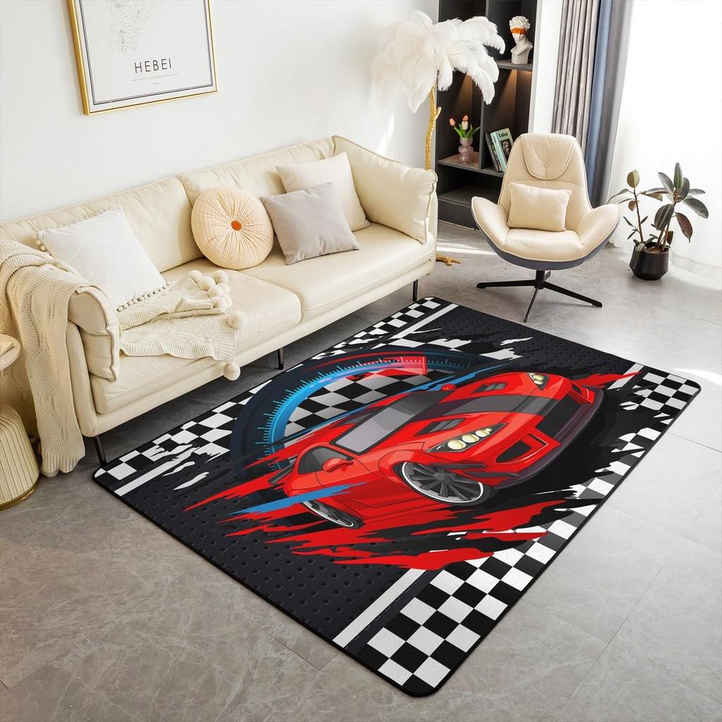 Racing Sports Car Rug, Checkered Flag Yellow Splash Print, Non-Slip Washable Soft Mat for Living Room Sofa Dining Room Indoor