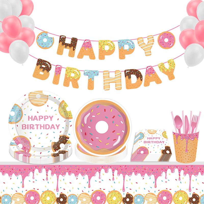Donut Einweggeschirr Hochzeitsfeier Kindergeschenke Geburtstagsfeier Dekoration Pappteller Becher Luftballons Babyparty Zubehör