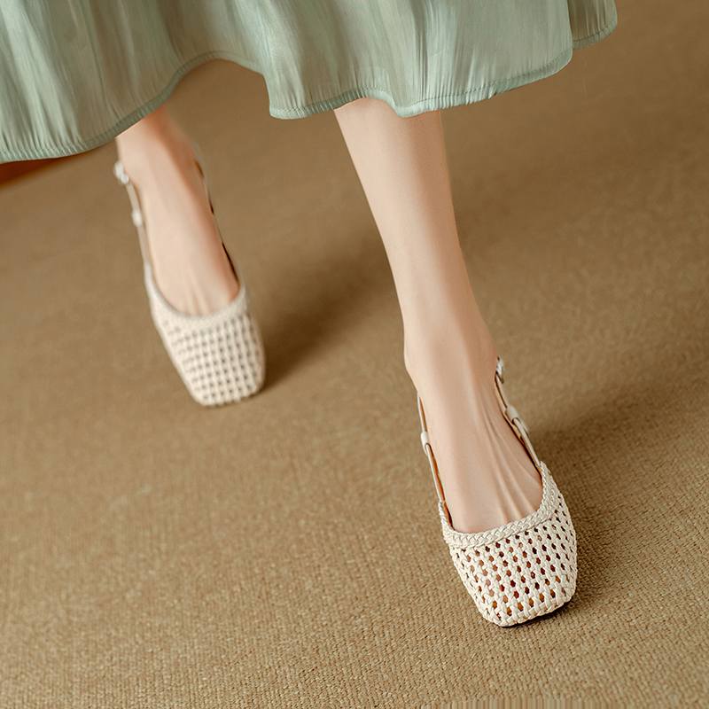 Krazing Pot Microfiber Weaving Summer Size 41 Med Heels Slingback Party Shoes Women Square Toe Gladiator Hollow Out Pumps