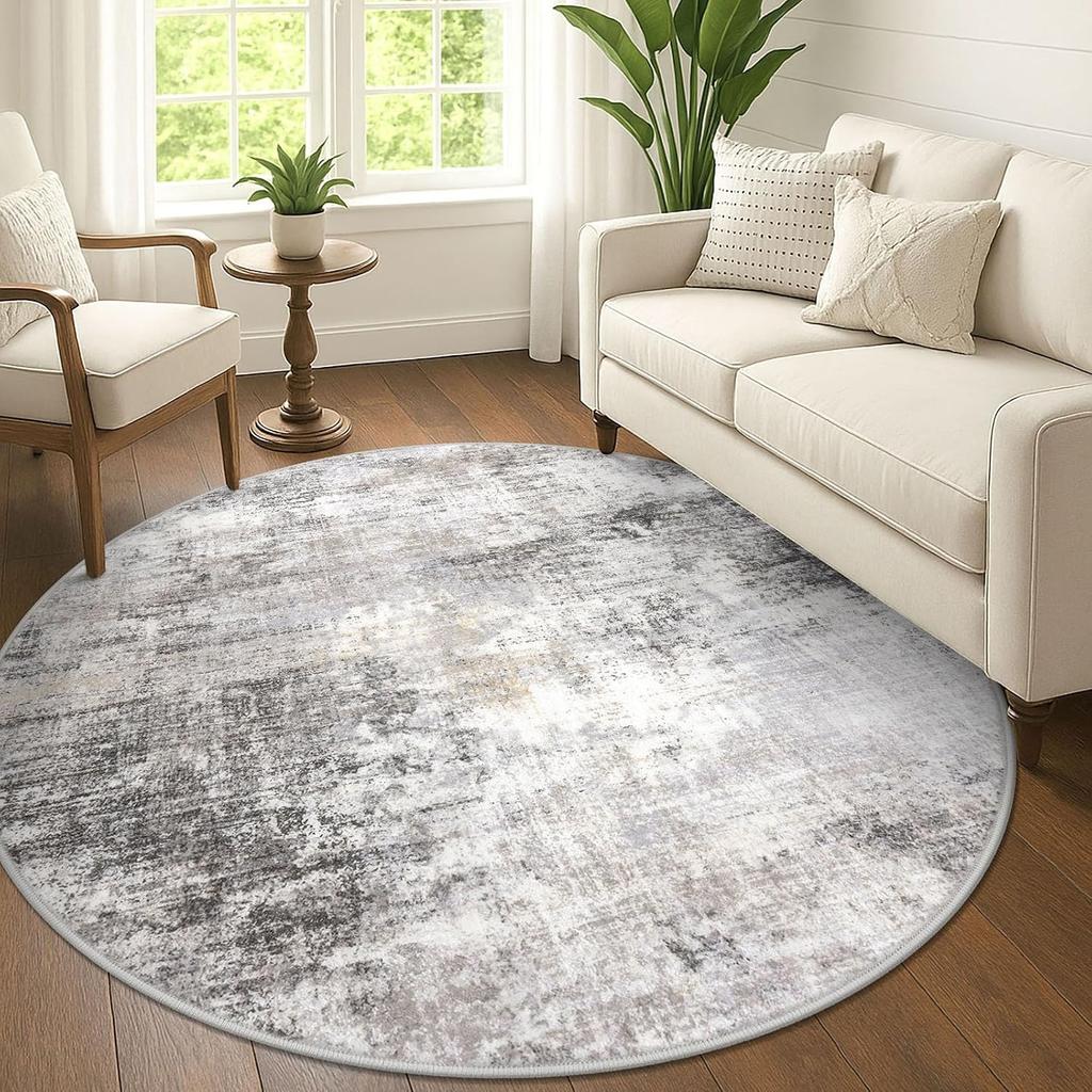 Boho Modern Round Area Rug Gray Distressed Abstract Circle Floor Carpet for Living Room Decor Neutral Concrete Washable Polyeste