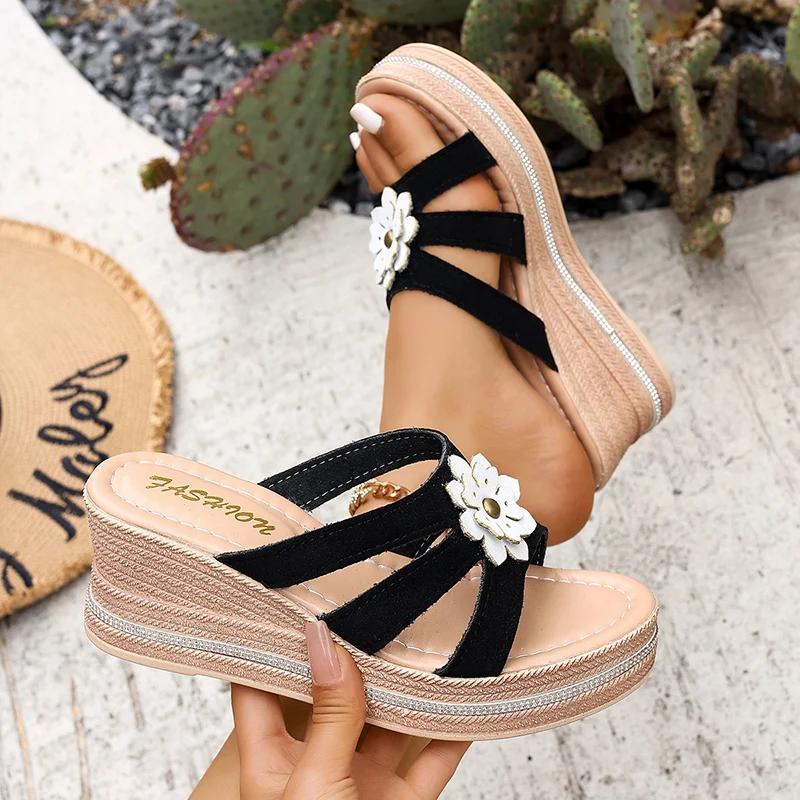 Fashion Summer Flowers Decor Wedge Heel Sandals for Women Fashion Chunky Platform Slippers Woman Comfort Thick Sole Sandalias Mujer 2025