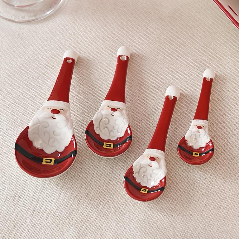 4pcs Santa Claus Ceramic Spoons, Baking Measuring Scoops with Graduations for Salt, Sugar Seasoning and Soups, 3D Embossed Design
