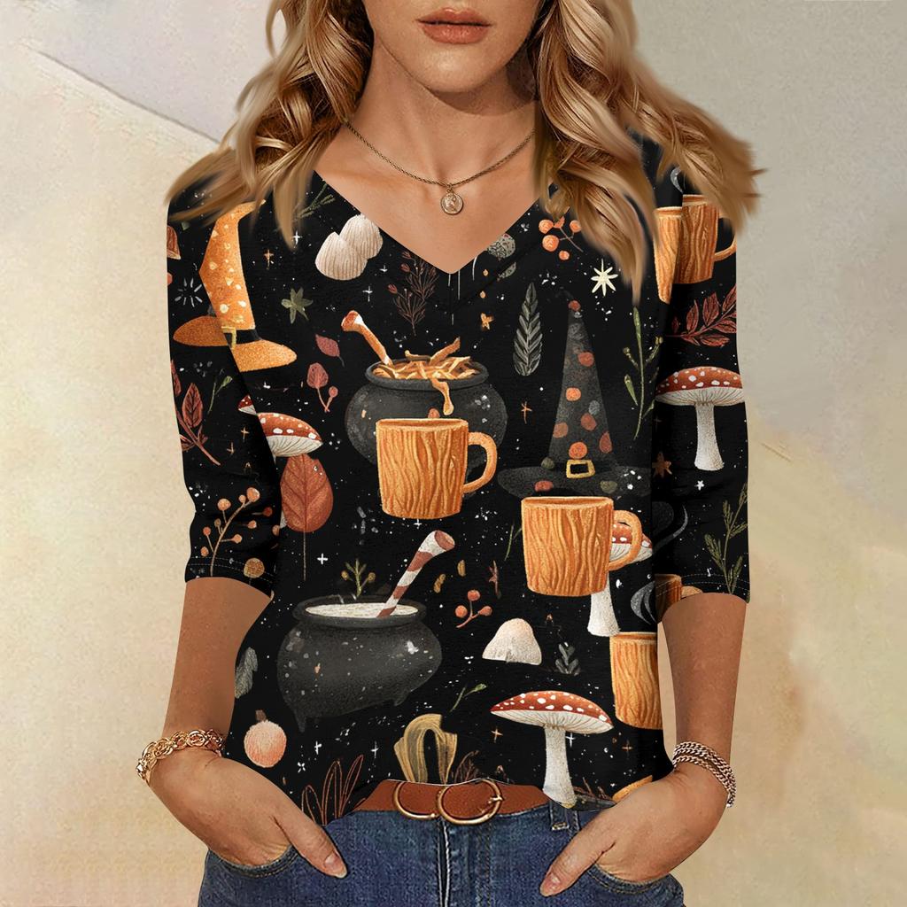 Womens Casual Halloween Print V Neck Three Quarter Sleeve Top Lightweight Soft Fabric Relaxed Fit Pullover Shirt