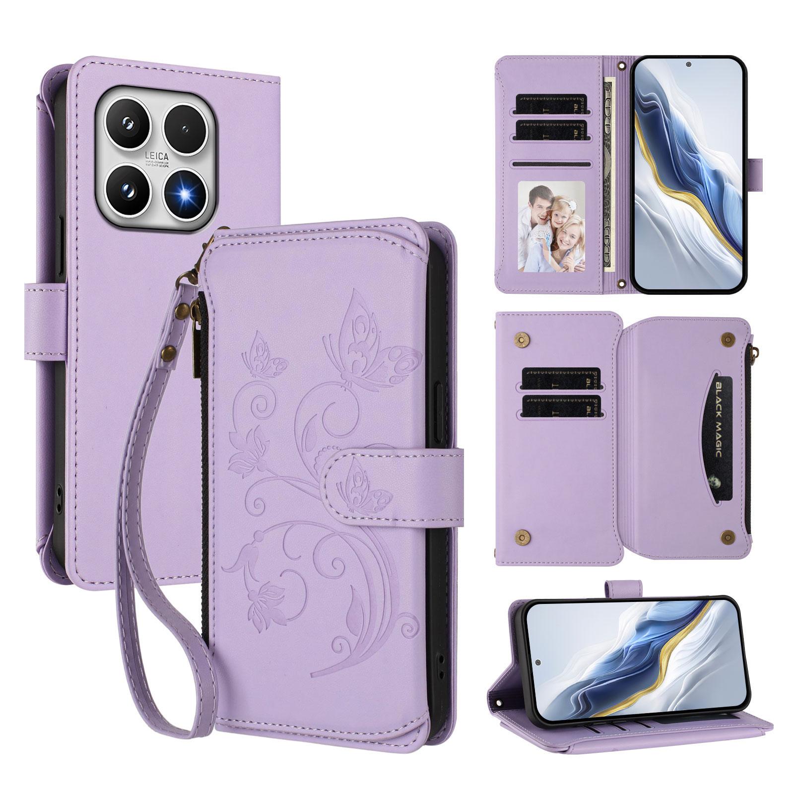 

For Xiaomi 17 Leather Case Butterfly Floral Imprint Zipper Wallet Stand Cover with Wrist Strap