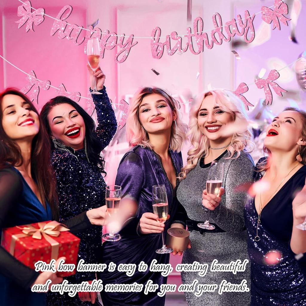 Happy Birthday Bow Banner-Glitter Pink Birthday Banner for Women Coquette Decorations for Coquette Party Bow Party Decorations Pink Supplies.