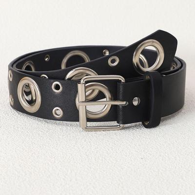 Trendy Punk-Style Eyelet Buckle Belt: Unisex Leather with Rivet & Hollowed-Out Design