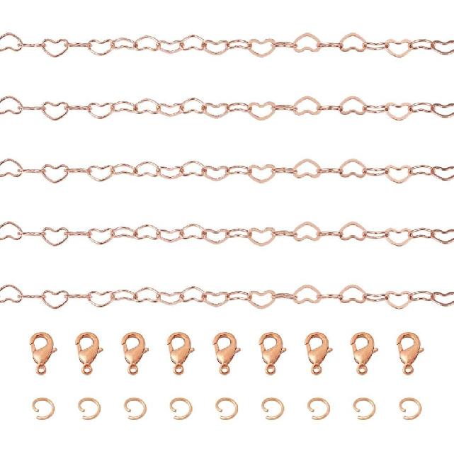 

Pandahall 15,7-16,4 фута Цепи-звенья в виде сердец из розового золота 5x3,5x0,4 мм Паяные латунные цепи-кабели в виде сердец любви Катушка с 20 шт. застежками-лобстерами 30 шт.