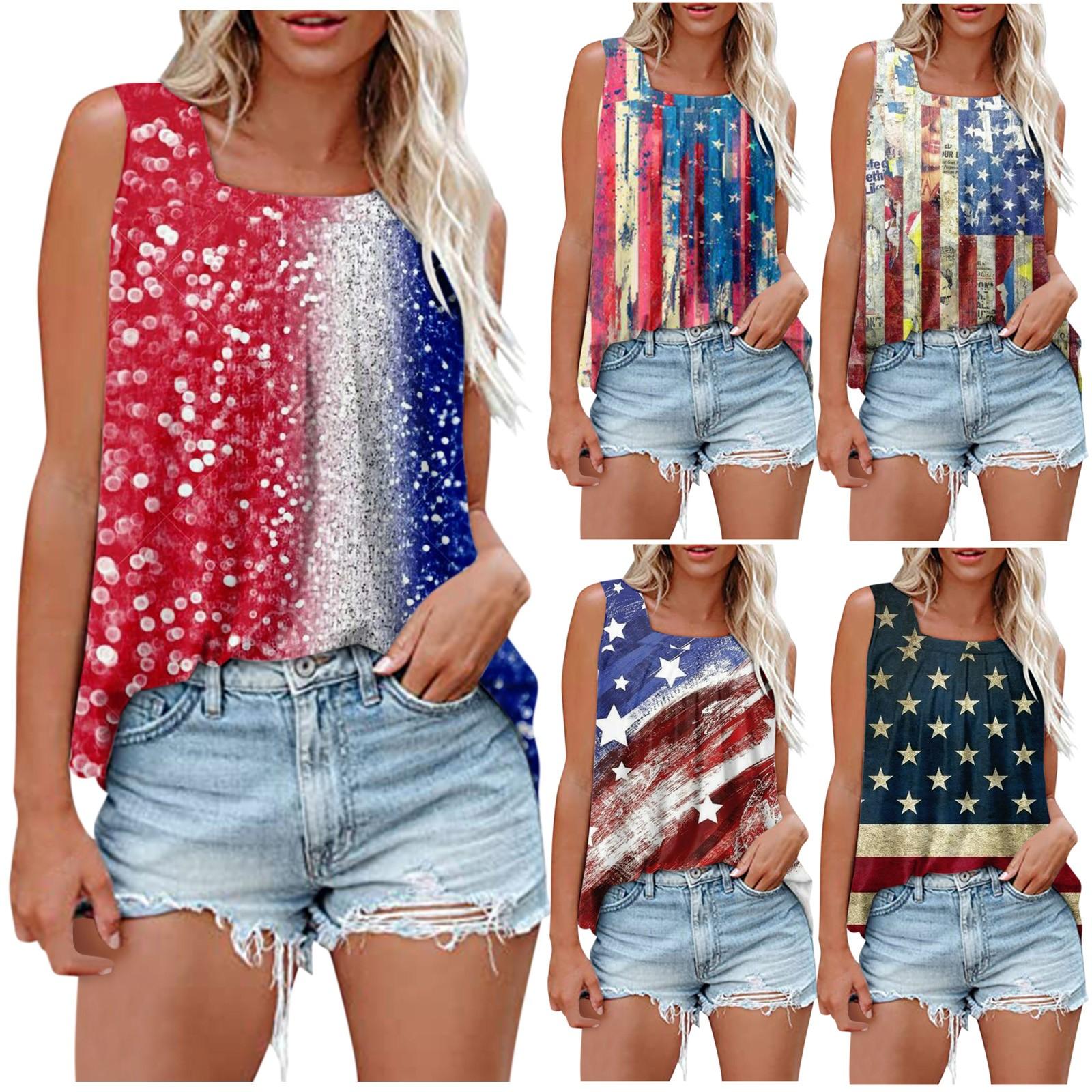 

Женская летняя свободная повседневная футболка без рукавов плиссированная топ с принтом ко Дню независимости