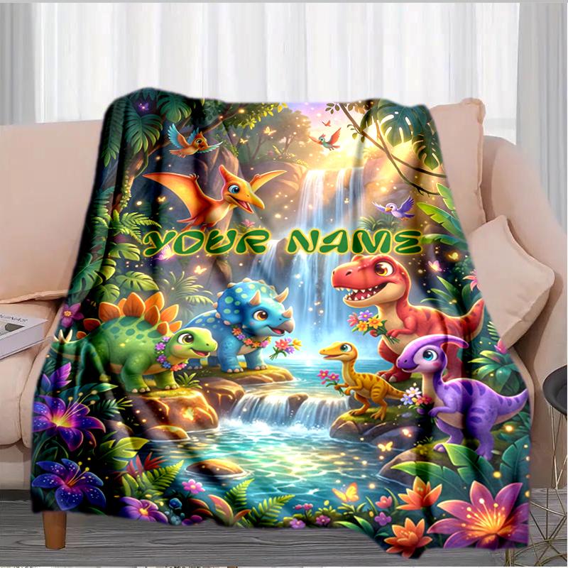 1PC Custom Name Dinosaur Adventure Fantasy Forest blanket versatile,all-season throw suitable for the living room,bedroom,camping,travel,and gift