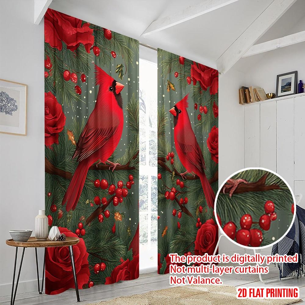 2pcs,2D Plane Printing Creative Curtains Cardinal Bird Christmas Winter Red (2) Versatile Durable Polyester (without Rod)