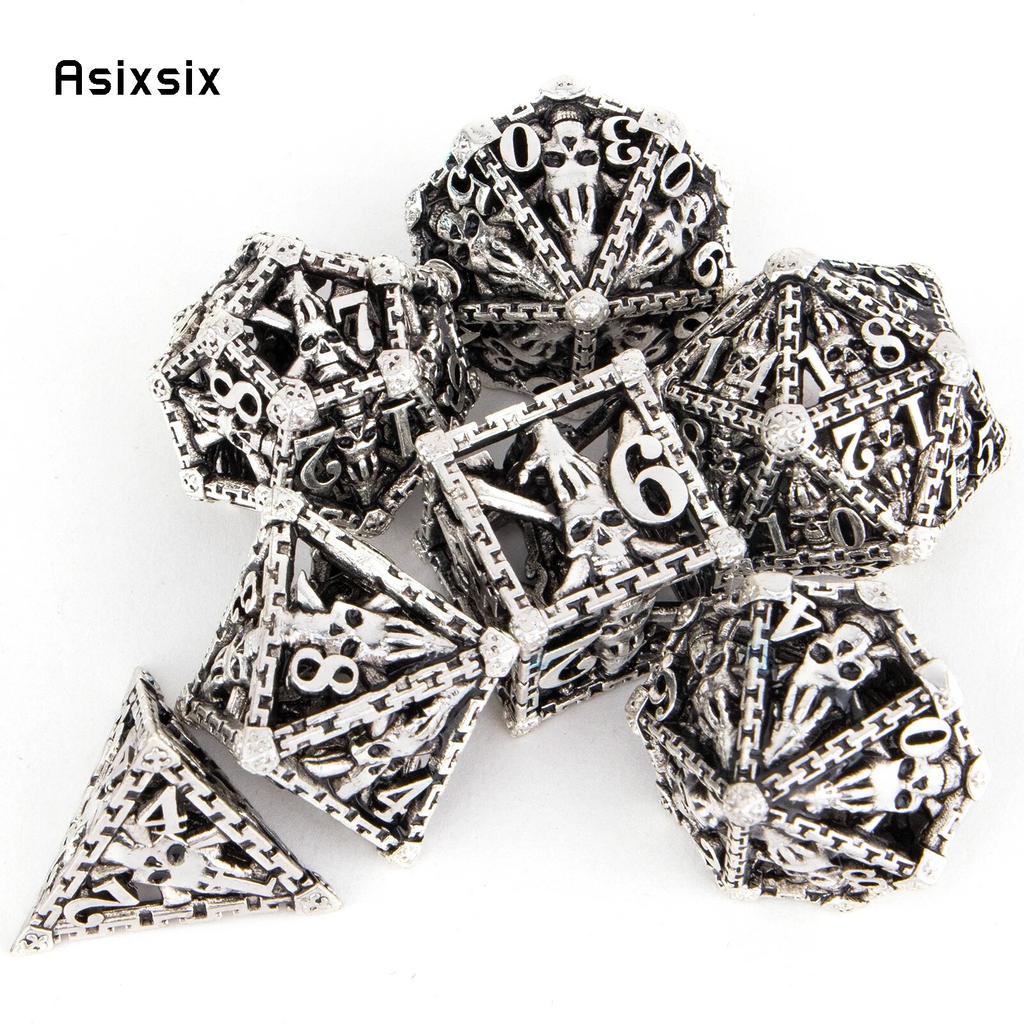 7 Pcs Silver Hand Skull Head Metal Dice Hollow Metal Polyhedral Dice Set Suitable for Role-Playing RPG  Board Game Card Game