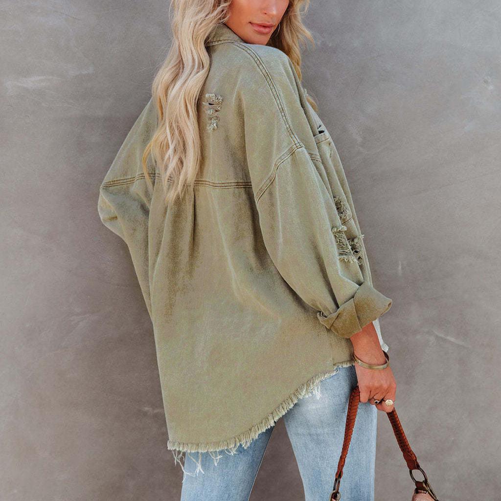 Veste en jean décontractée à manches longues pour femme Ourlet effiloché usé Fermeture boutonnée sur le devant Coupe ample Vêtement d'extérieur avec poches plaquées