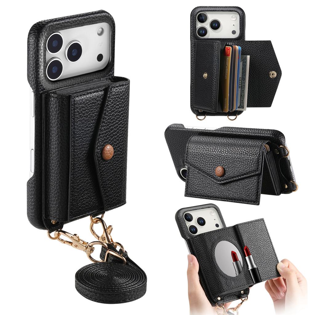 For iPhone 17 Pro Max Case Card Holder Kickstand PU Leather + PC Phone Cover with Mirror and Crossbody Lanyard