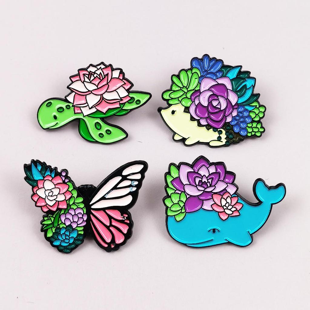 Butterfly & Hedgehog Cartoon Brooch with Fresh Flower Design - Metal Badge for Clothing & Backpacks