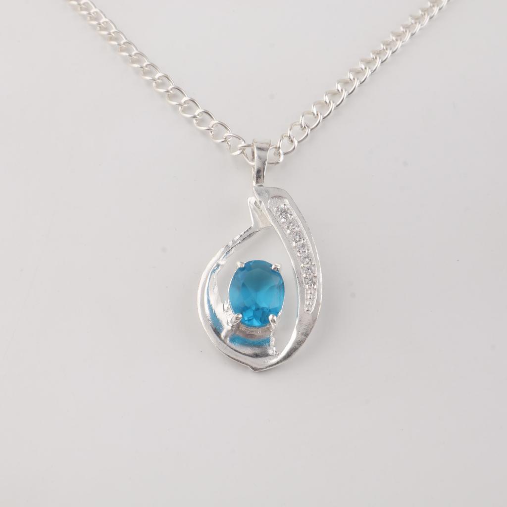 Swiss Blue Topaz Gemstone 925 Sterling Silver Women Jewelry Designer Zircon Pendant 1.4" For Birthday Gift CZP-16-12