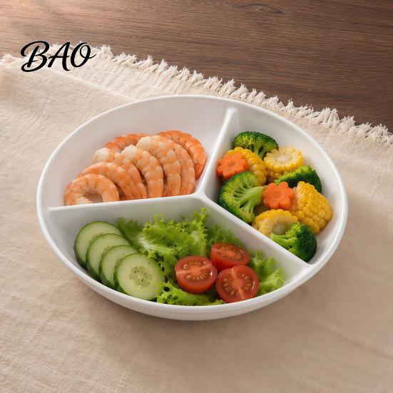 Family Daily Use Dinner Plate Ceramic Steamer with 3 Divided Compartments, Round Dish Portion Control Diet for Food, Rice Meat Vegetable Separator Pot