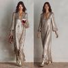 Elegant Women's Evening Dress Solid Deep V Neck Sequined Sleeves Long Gown Autumn Winter Sexy Dinner Party Dresses