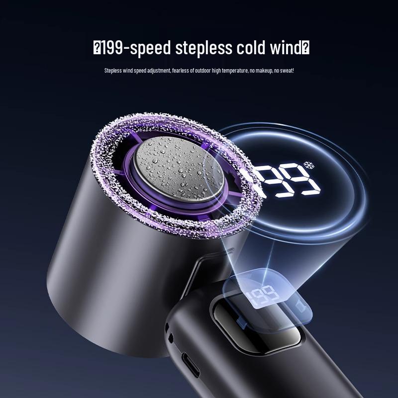 199-Speed Lightweight Turbo Mini Fan: Portable, Handheld, Digital Display, with Lighting and Charging Features.