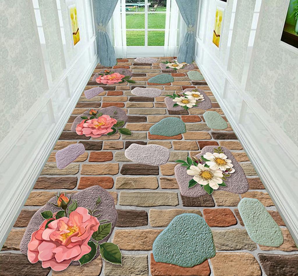 Pink Floral Print 3D Carpet Hallway Corridor Rugs Living Room Area Rug Home Decor Bedroom Kitchen Mat Flannel Non-slip Doormat