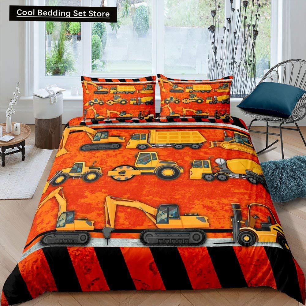 Truck Excavator King Queen Duvet Cover Yellow Tractor Bedding Set for Kids Boys Girls Cartoon Car Transporter 2/3pcs Quilt Cover