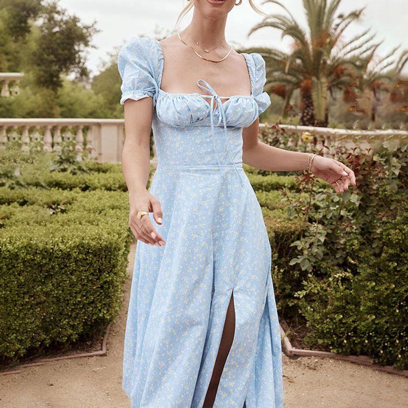 Fashion Wind Young Sexy Square Collar Lace up Small Floral Print Silm Puff Sleeves Elegant High Slit Dress Female