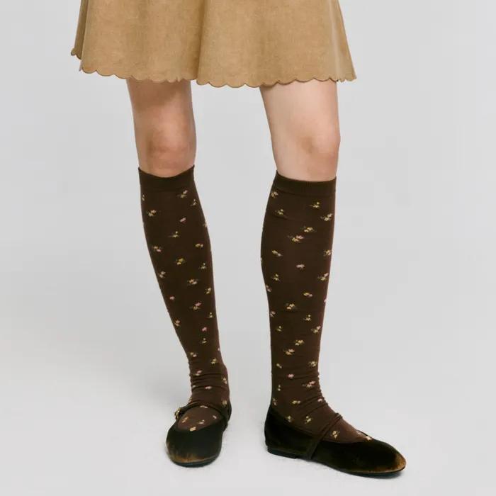 Flower Pattern Knee Socks - Brown