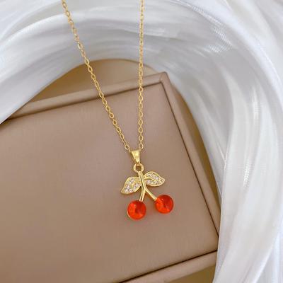 Fashion Red Synthetic Zircon Cherry Pendant Necklace for Women