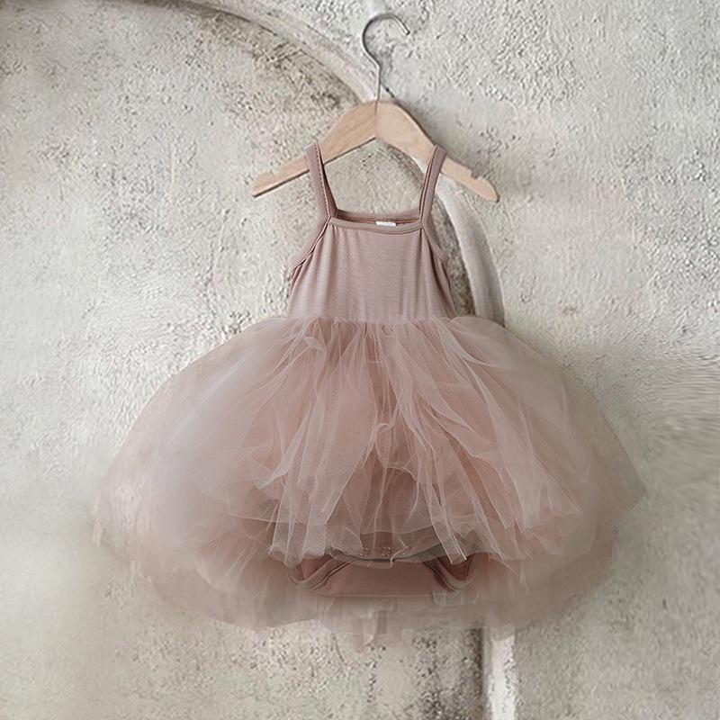 Korean Style Princess Birthday Romper: Solid Color Puffy Skirt with Mesh Straps for Baby Girls and Infants.