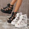 Women's Floral Vintage Sandals, Back Zipper Platform Hollow Lace Up Shoes, Summer Breathable Wedge Holiday Shoes