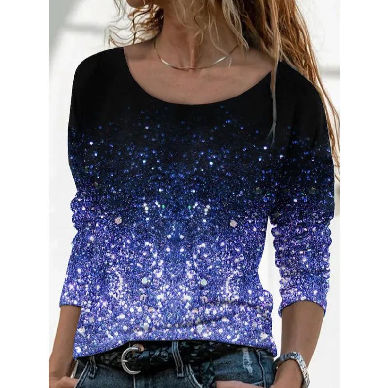 Women's Floral Print Gradient Long Sleeve Top Casual Crew Neck 3D Rose Print Tunic Shirt